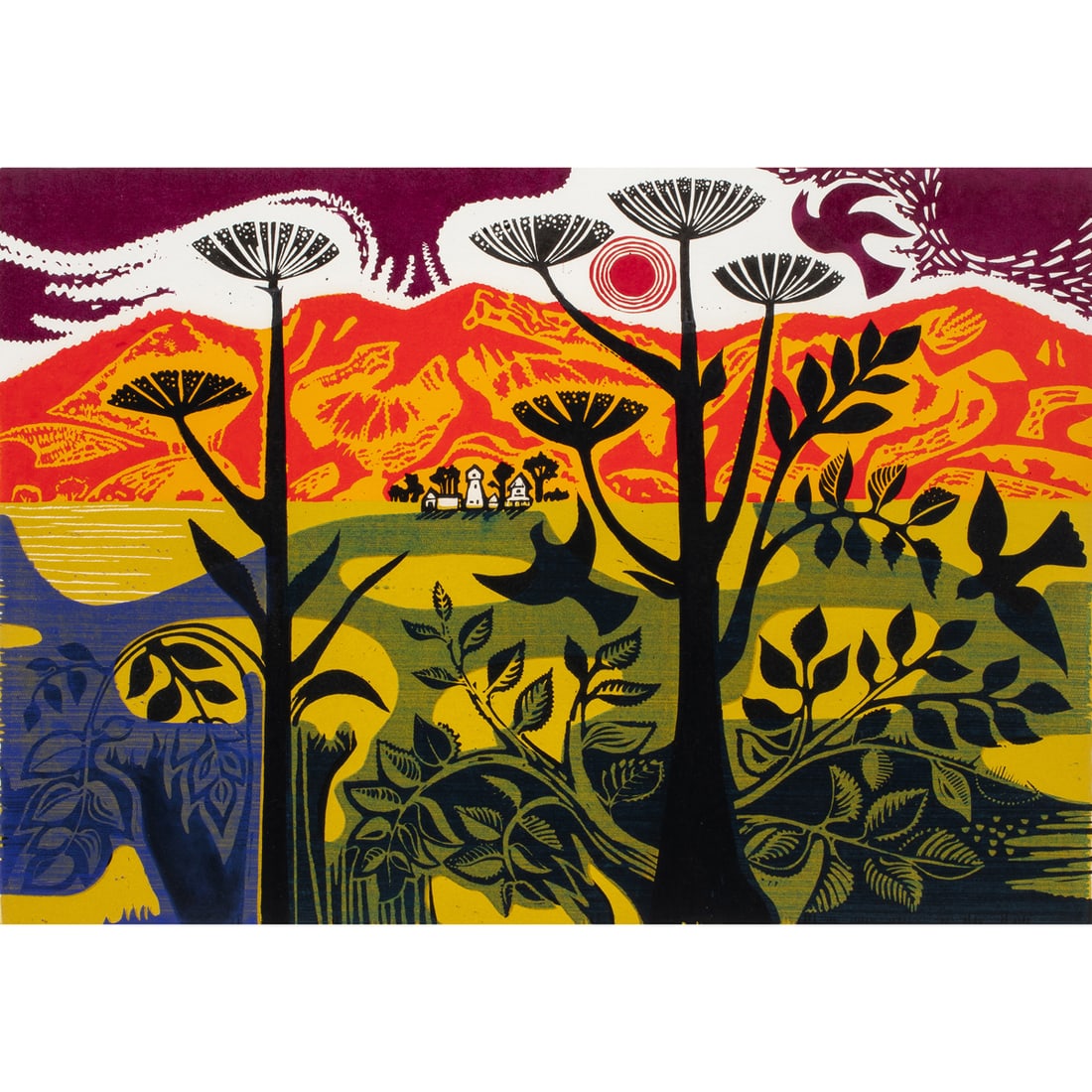 Print, Emmy Lou Packard: Emmy Lou Packard (American, 1914-1998), "Morning in the Valley," 1974, color linocut on paper, signed in pencil lower right, titled lower left, edition AP, sight: 23"h x 32.75"w, overall (with
