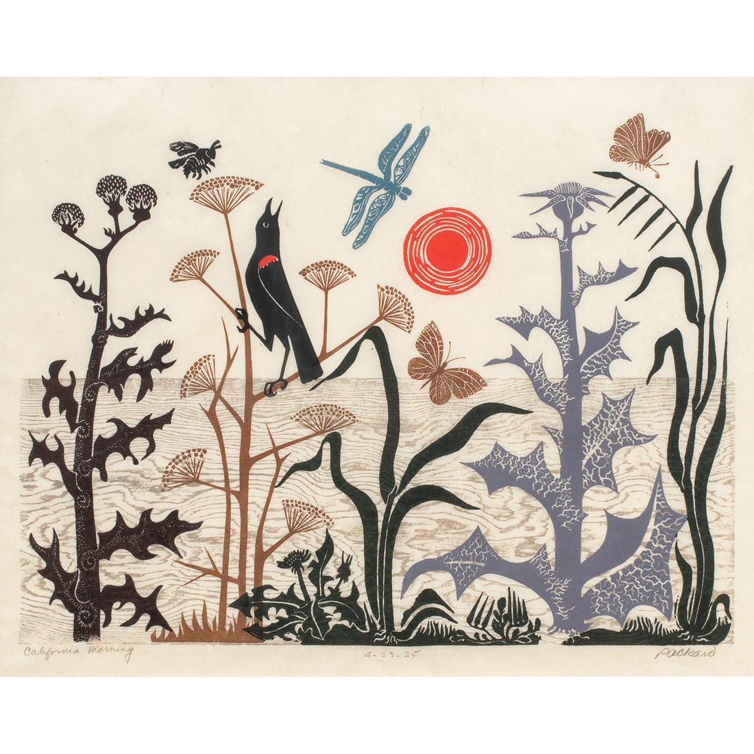 Print, Emmy Lou Packard: Emmy Lou Packard (American, 1914-1998) "California Morning," color woodcut on paper, pencil signed lower right, titled lower left, sight: 20"h x 25"w, overall (with frame): 33.75"h x 35.5"w.