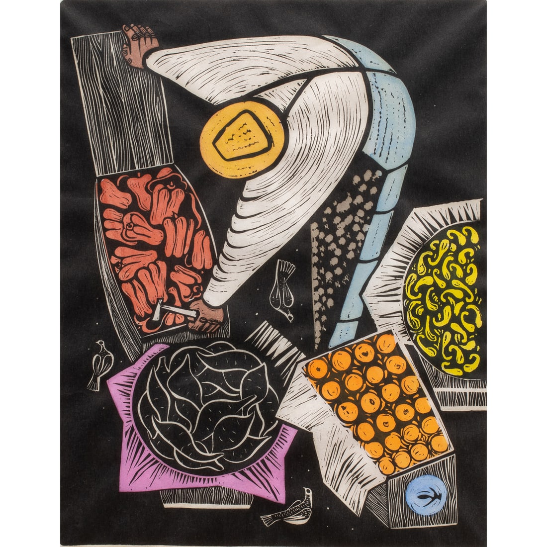 Print, Emmy Lou Packard: Emmy Lou Packard (American, 1914-1998), "Front Street 5AM," color woodcut on paper, pencil signed lower right, titled lower left, sight: 19"h x 14.5"w, overall (with frame): 29"h x 23"w. Provenance: