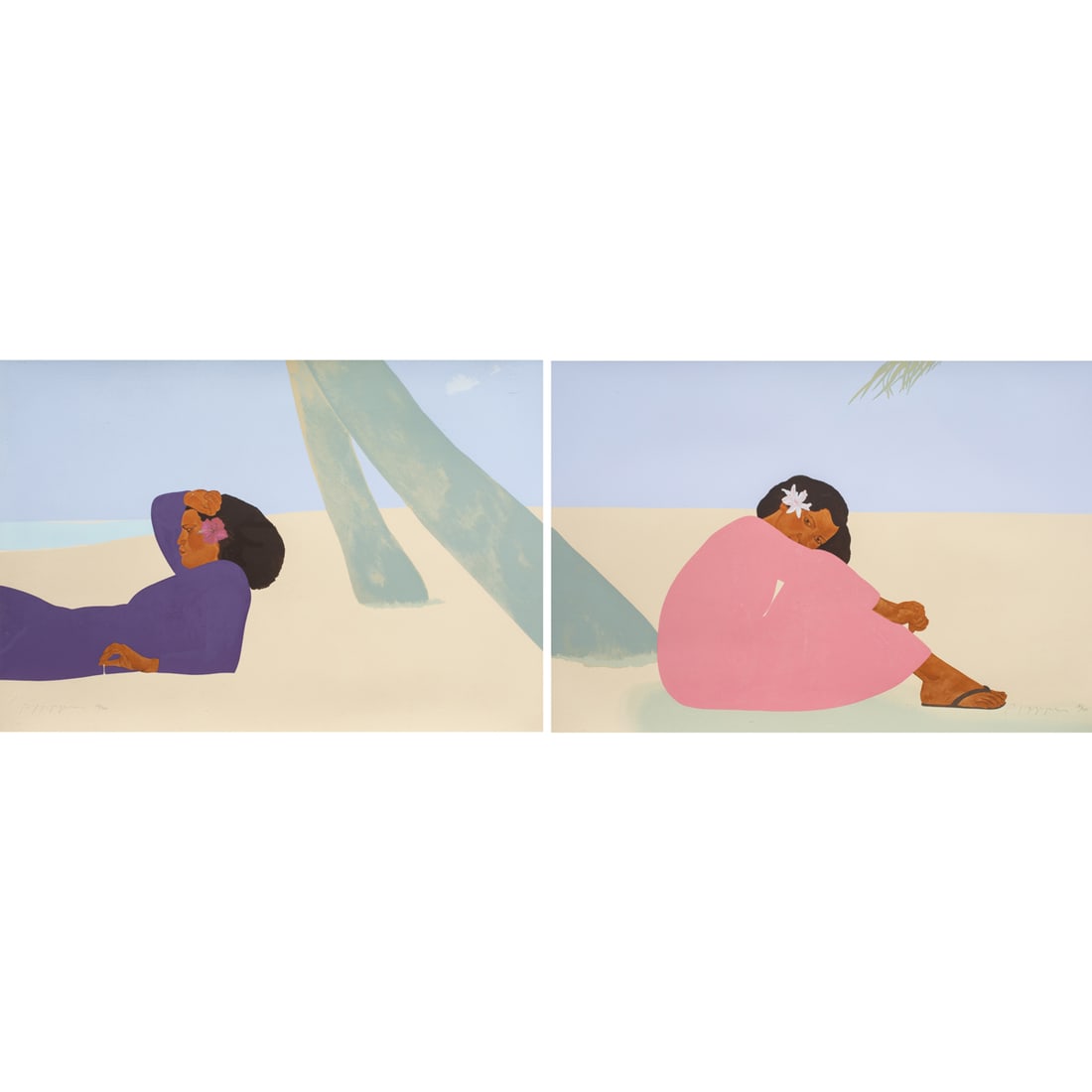Print Diptych, Pegge Hopper: (lot of 2) Pegge Hopper (American, b. 1936), "Lumanhai Sands," serigraph diptych, each pencil signed, edition 190/300, each sheet: 28"h x 41.5"w, each overall (with frame): 30.5"h x 43.5"w