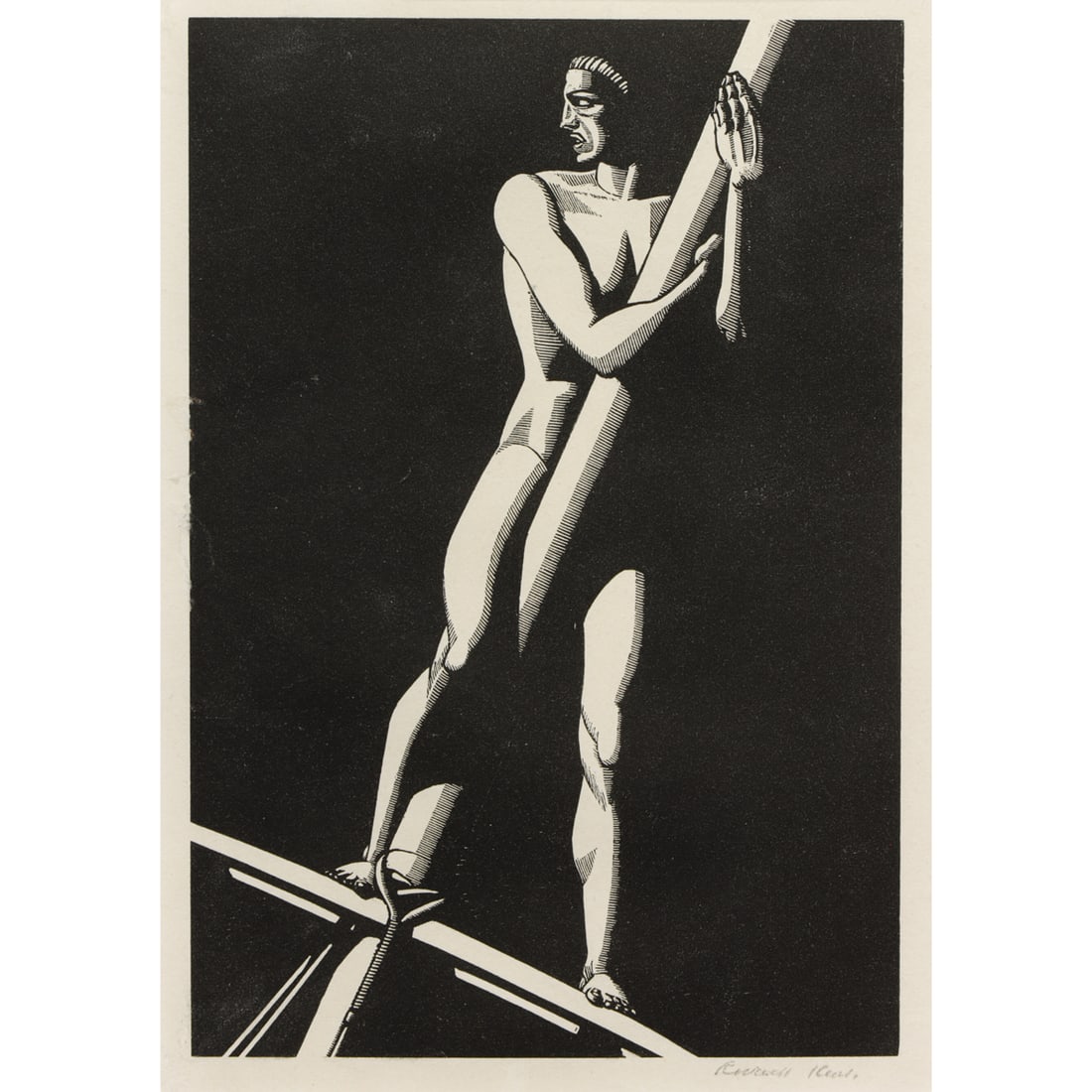 Print, Rockwell Kent: Rockwell Kent (American, 1882-1971), "The Lookout," 1930, woodcut, pencil signed lower right, edition of 120, image: 8"h x 5.5"w, sheet: 11.63"h x 5.5"w, overall (with mat): 15.5"h x 12"w