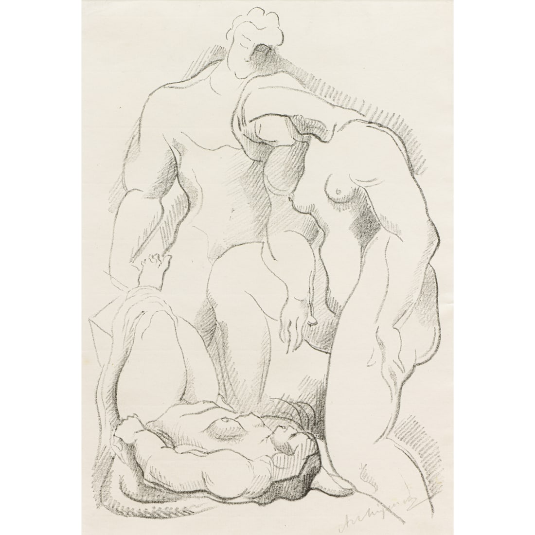 Print, Alexander Archipenko: Alexander Archipenko (American/Ukrainian, 1887-1964), "Three Figures, One in Repose," circa 1921, lithograph, signed lower right, edition of 100, image: 10.5"h x 7.25"w, sheet: 11.38"h x 8.5"w,