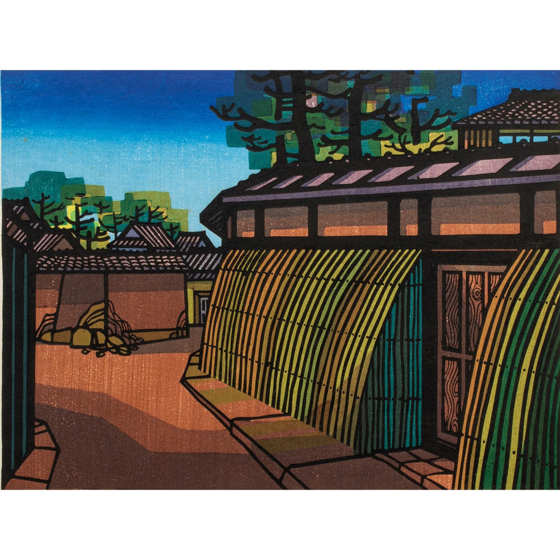 Print, Clifton Karhu: Clifton Karhu (American, 1927-2007), "Teramachi District - Kyoto," woodblock print, pencil signed lower right, titled lower center, image: 11.5"h x 15"w, overall (with frame): 18"h x 21.5"w