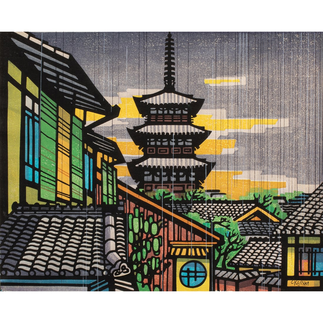Print, Clifton Karhu: Clifton Karhu (American, 1927-2007), "Yasaka Tower," woodblock print, ink signed lower right, titled left margin, Yunzhou special edition, image: 11.25"h x 14"w, overall (with frame): 18"h x 21.25"w