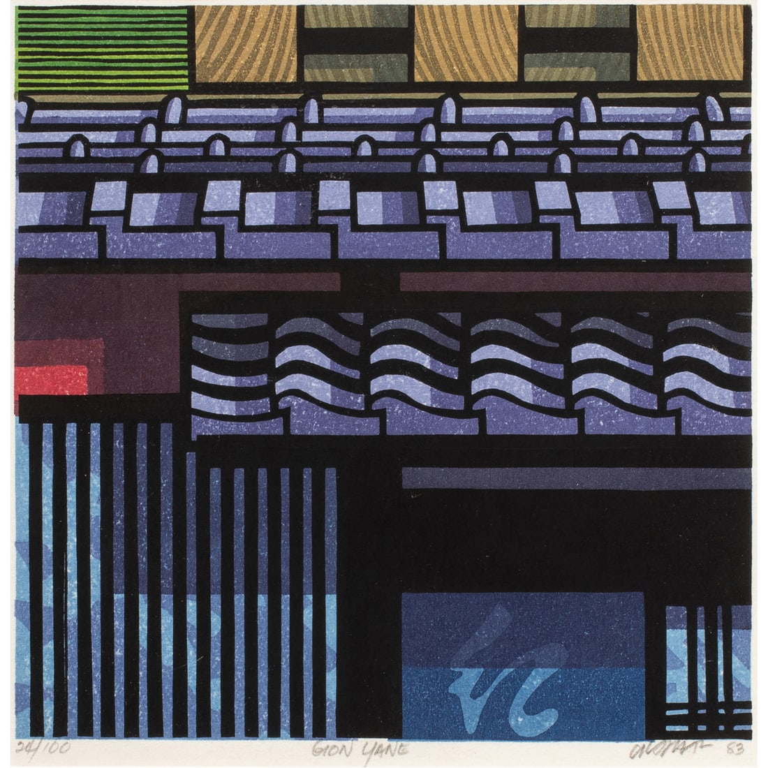 Print, Clifton Karhu: Clifton Karhu (American, 1927-2007), "Gion Yane," 1983, woodblock print, pencil signed and dated lower right, titled lower center, edition 24/100, image: 10"h x 10"w, overall (with frame): 17"h x