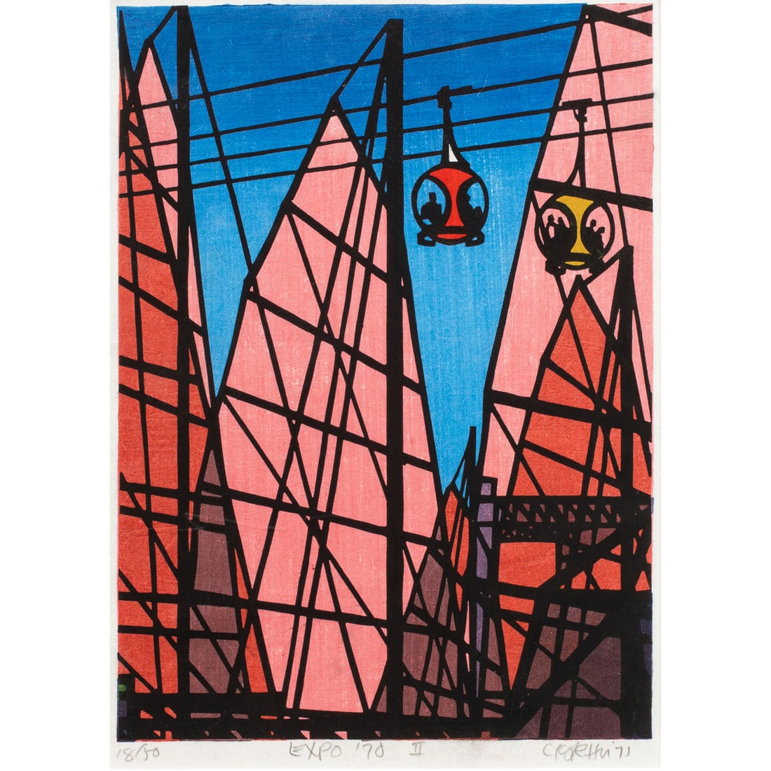Print, Clifton Karhu: Clifton Karhu (American, 1927-2007), "Expo '70 II," 1971, woodblock print, pencil signed and dated lower right, titled lower center, edition 18/50, image: 13.75"h x 10"w, overall (with frame):