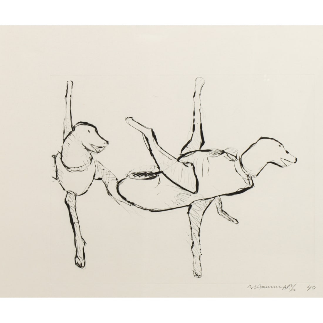 Print, Bruce Nauman: Bruce Nauman (American, b. 1941), Untitled, 1990, etching, pencil signed and dated lower right, image: 11"h x 13.75"w, sheet: 16.5"h x 19.5"w, overall (with frame): 21.5"h x 25"w