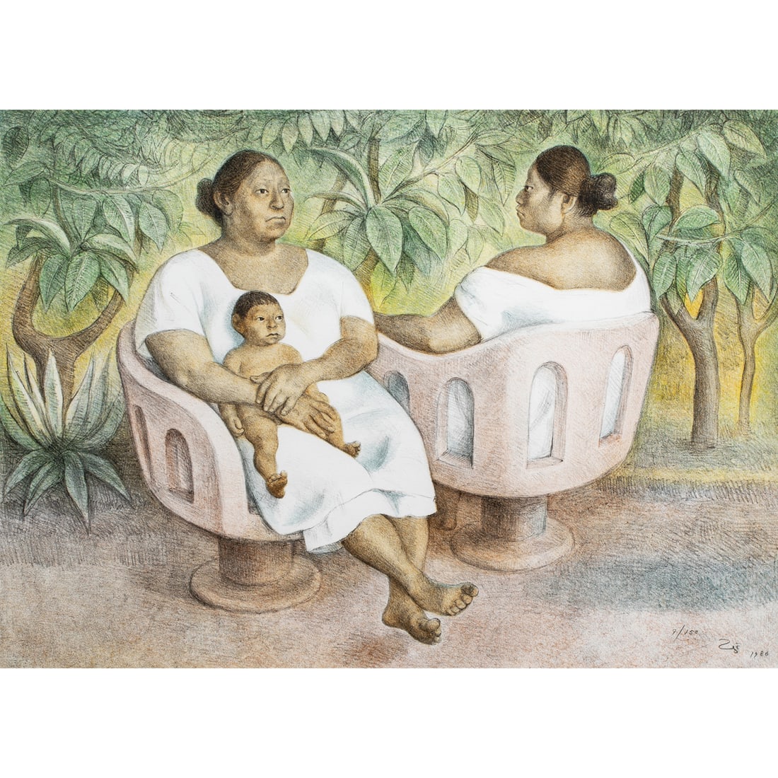 Print, Francisco Zuniga: Francisco Zuniga (Mexican, 1912-1998), "Mujer Bebiendo," 1984, color lithograph on paper, pencil signed and dated lower right, edition 212/250, image: 11"h x 10"w, sight: 12.5"h x 11.5"w, overall