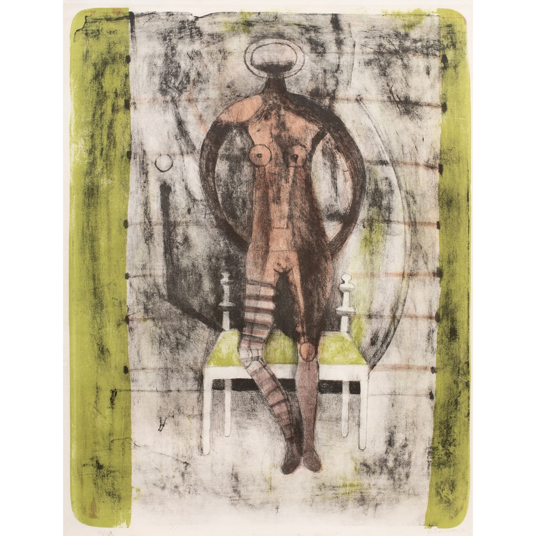 Print, Rufino Tamayo: Rufino Tamayo (Mexican, 1899-1991), "Femme aux Bas Mauves," 1969, lithograph, pencil signed lower right, titled lower center, edition 75/150, sight: 28.5"h x 21.75"w, overall (with frame): 35.5"h x 29