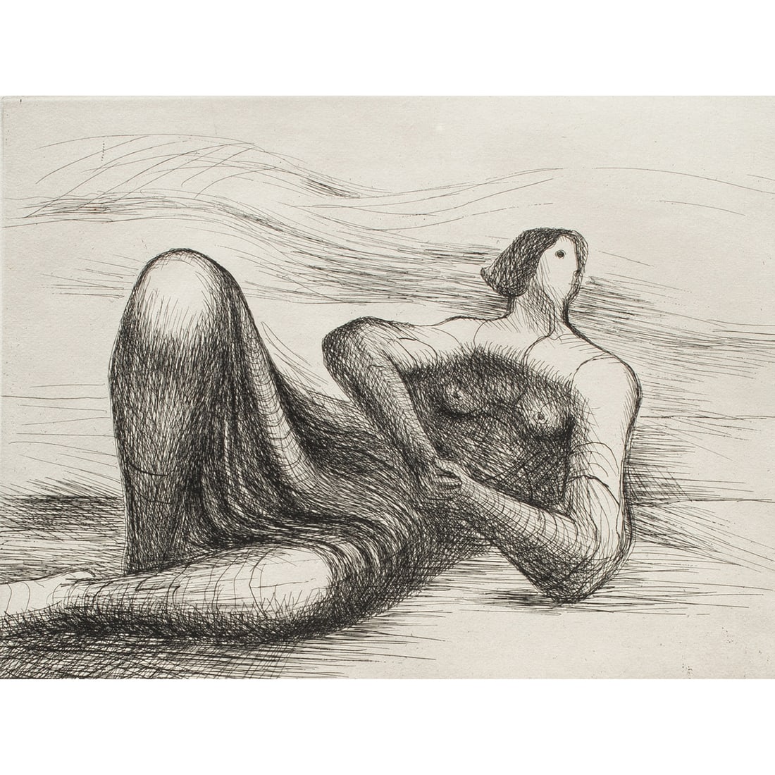Print, Henry Moore: Henry Moore (British, 1898-1986), "Reclining Figure VI" (from the Reclining Figures Portfolio, 1977-78), etching, pencil signed lower right, edition G 17/25, image: 9"h x 11.75"w, overall (with