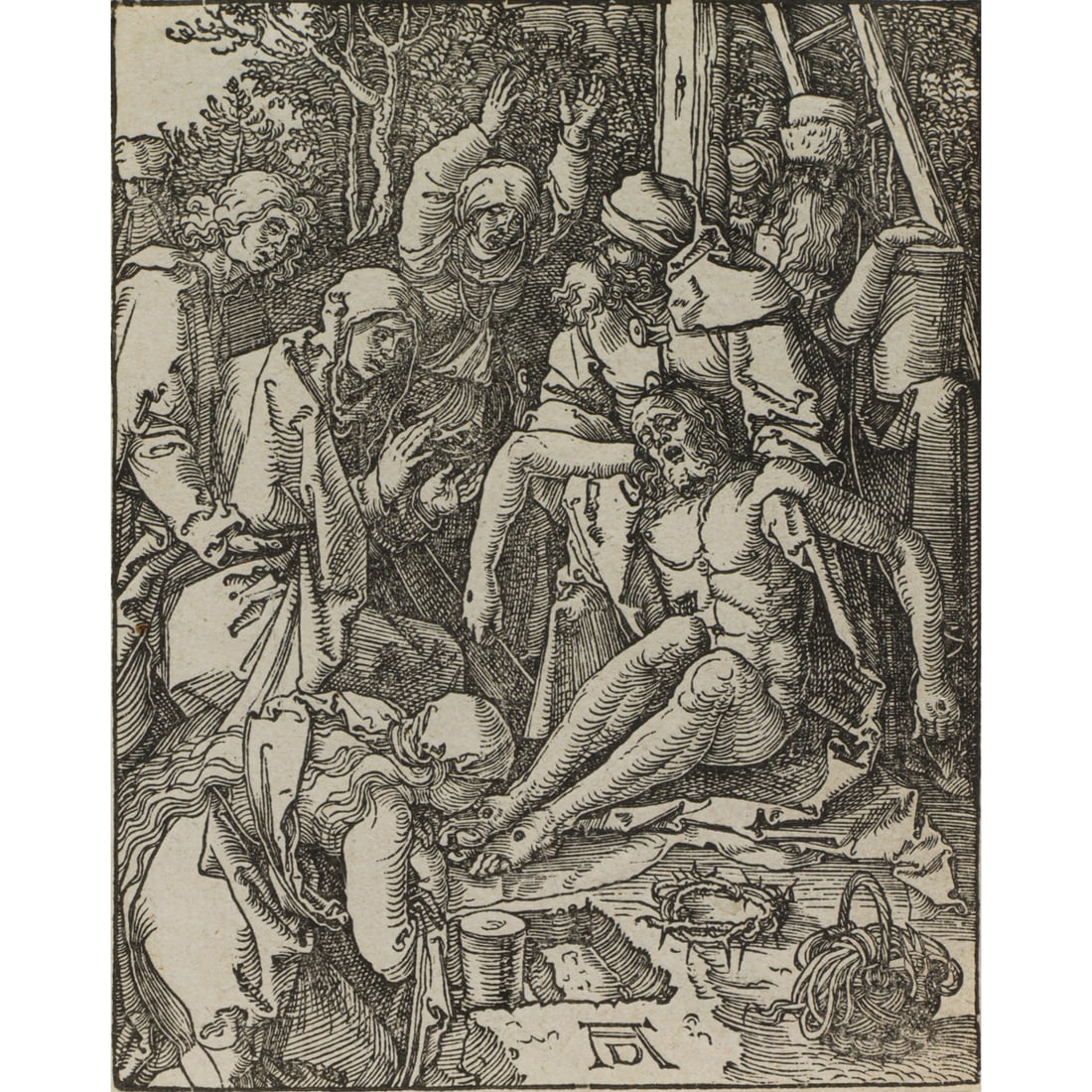 Print, Albrecht Durer: Albrecht Durer (German, 1471-1528) "The Lamentation (The Small Passion)," woodcut on laid paper, monogrammed in plate lower center, sheet: 5"h x 4"w, overall (with frame): 11"h x 9"w