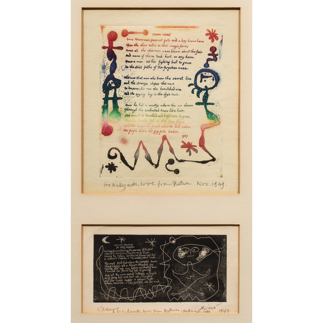Prints, Joan Miro: (lot of 2) Joan Miro (Spanish, 1893-1983), Untitled (from Ruthven Todd Series and "Autumn Campion for Betty Campion"), 1947, etchings, "Autumn Campion..." pencil signed and dated lower right, each pen