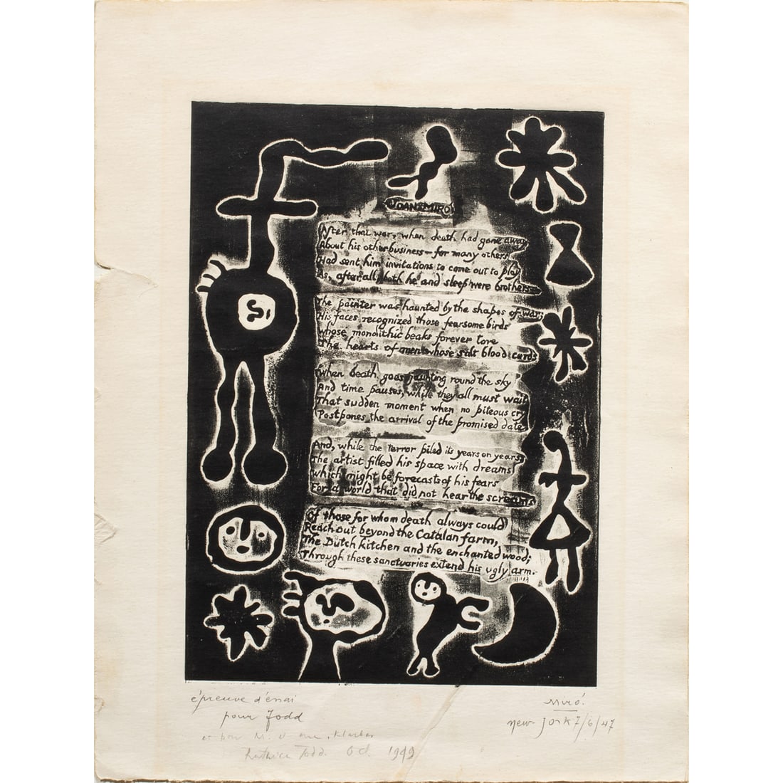 Print, Joan Miro: Joan Miro (Spanish, 1893-1983), Untitled (from Ruthven Todd Series), 1947, etching, pencil signed and dated lower right, dedicated to Ruthven Todd lower left, edition AP, image: 9.75"h x 7"w, sheet: 1