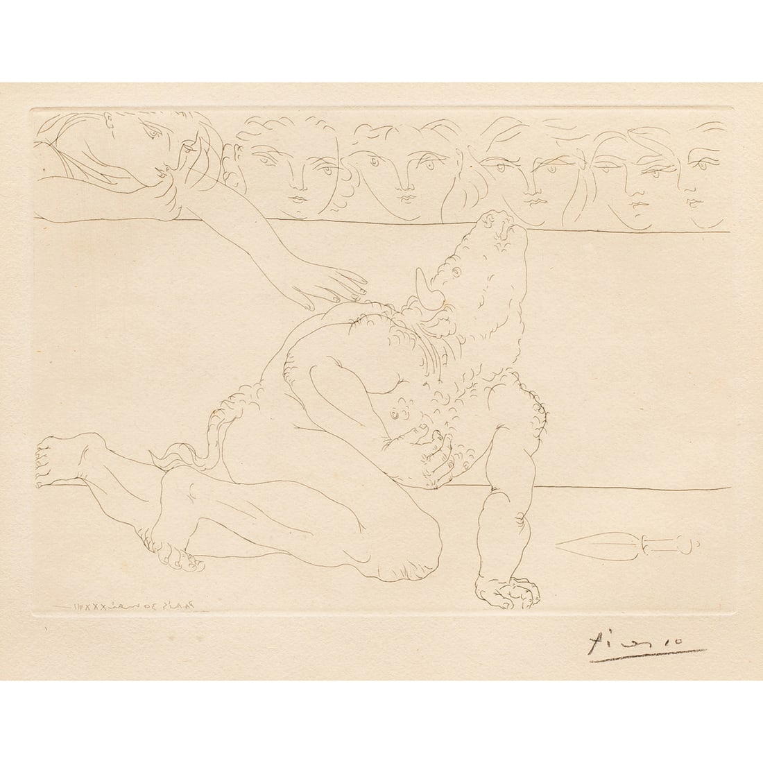 Etching, Pablo Picasso: Pablo Picasso (Spanish, 1881-1973), "Minotaure mourant (from "La Suite Vollard"), 1933, etching, signed in pencil lower right, dated "Paris 30 mai XXXII" in the plate (mirror-inverted), later imp.