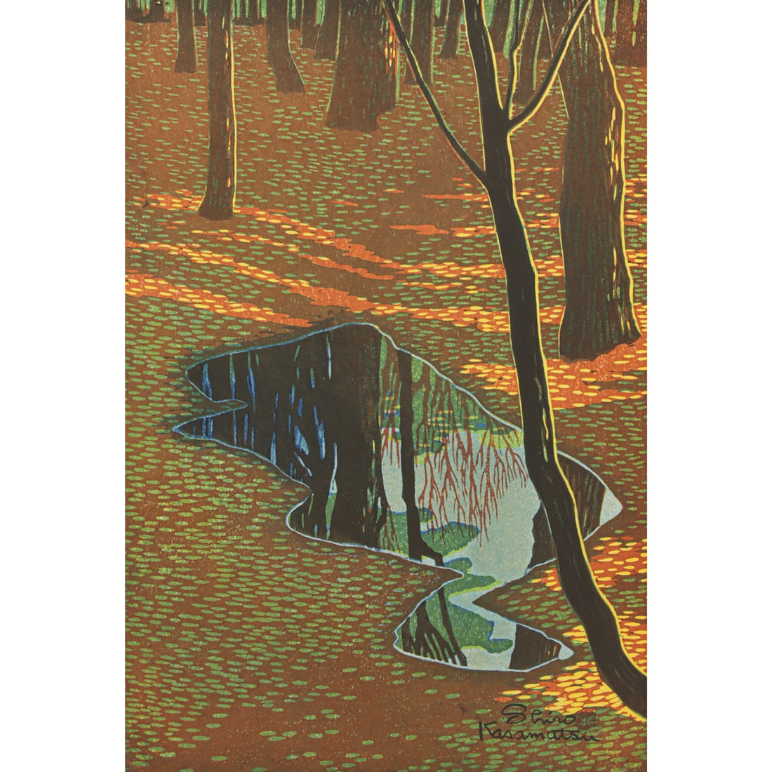 Print, Shiro Kasamatsu: Shiro Kasamatsu (Japanese, 1898-1991), "Forest," 1955, woodblock print, chop mark lower right, gallery label (Kanda's B.O.Q. Gallery, Tokyo, Japan) affixed verso, sight: 14.5"h x 9.5"w, overall (with
