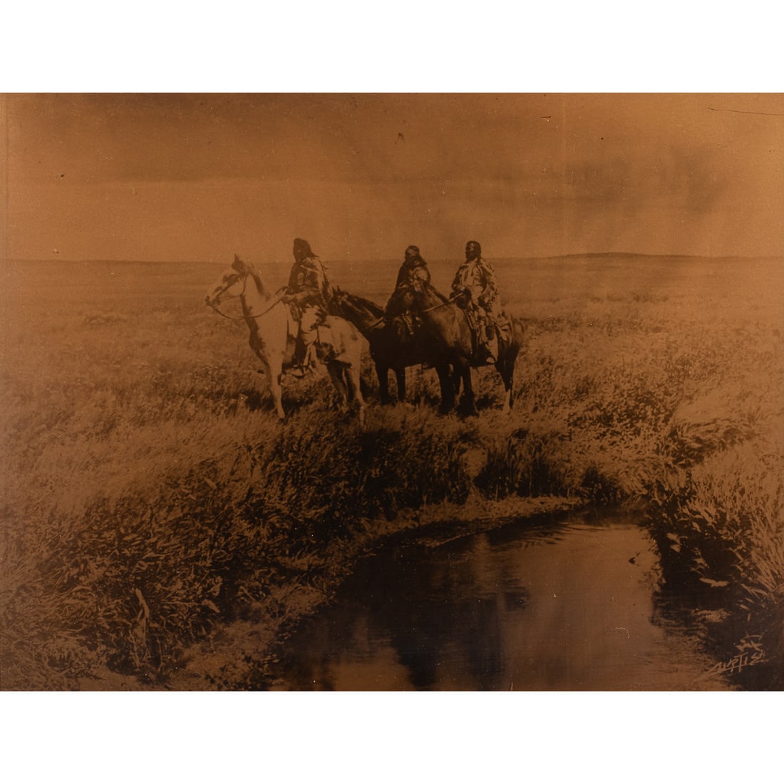 Orotone, Edward Curtis: Edward Sherriff Curtis (American, 1868-1952), "The Three Chiefs, Piegan," orotone, signed in plate lower right, sight: 11"h x 14"w, overall (with frame): 16"h x 19.5"w