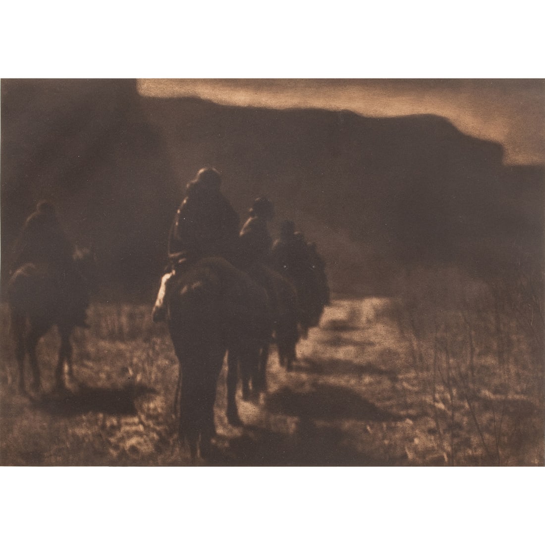 Photogravure, Edward Curtis: Edward Sherriff Curtis (American, 1868-1952), "The Vanishing Race - Navaho (Plate 1)," 1904, photogravure, printed by John Andrew & Son, image (sight): 11.75"h x 15.75"w, overall (with frame): 23.5"h