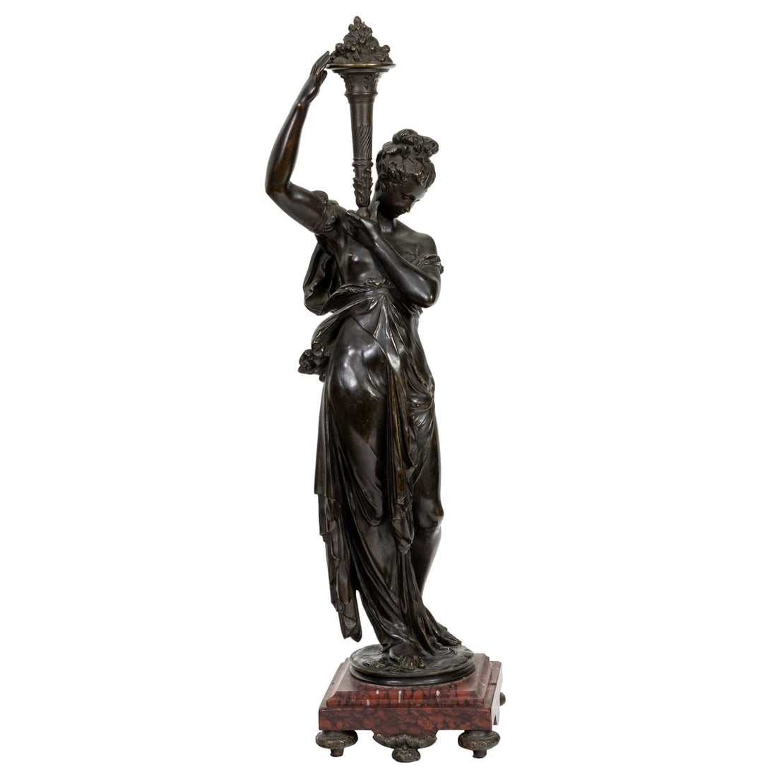 Sculpture, Albert Ernest Carrier-Belleuse: After Albert Ernest Carrier-Belleuse (French, 1824-1887), The Torch Bearer, bronze with dark brown patina, signed at base, overall: 26.25"h x 6.5"w x 6.5"d (with marble and bronze footed base)