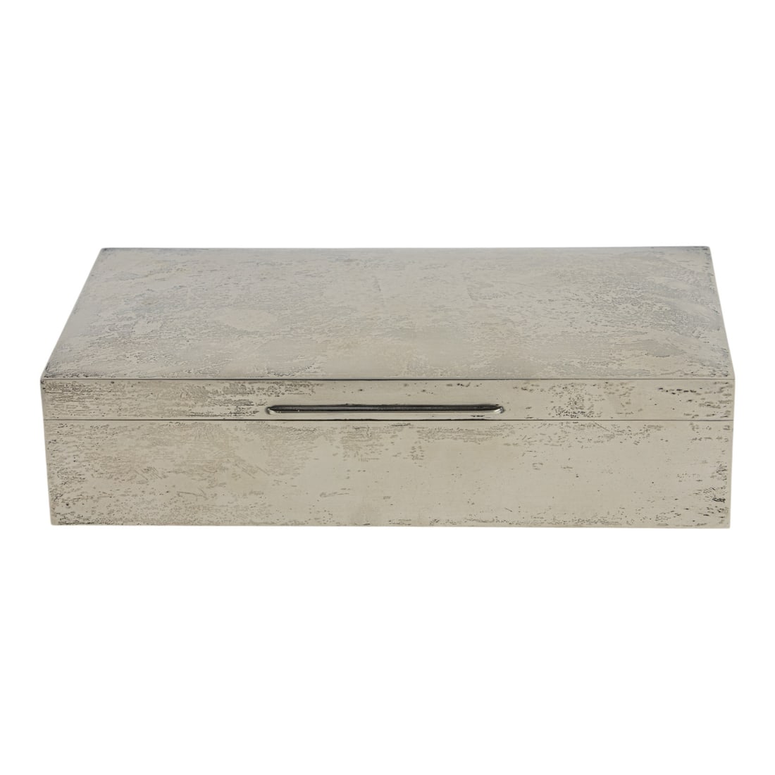 An English SJ Shrubsole sterling humidor: An English sterling humidor, S.J. Shrubsole, London, 1968, the hinged cover opens to a cedar lined interior with two compartments, stamped 'Made in England', 2.25"h x 9.5"w x 5.5"d, total, 41.30 oz