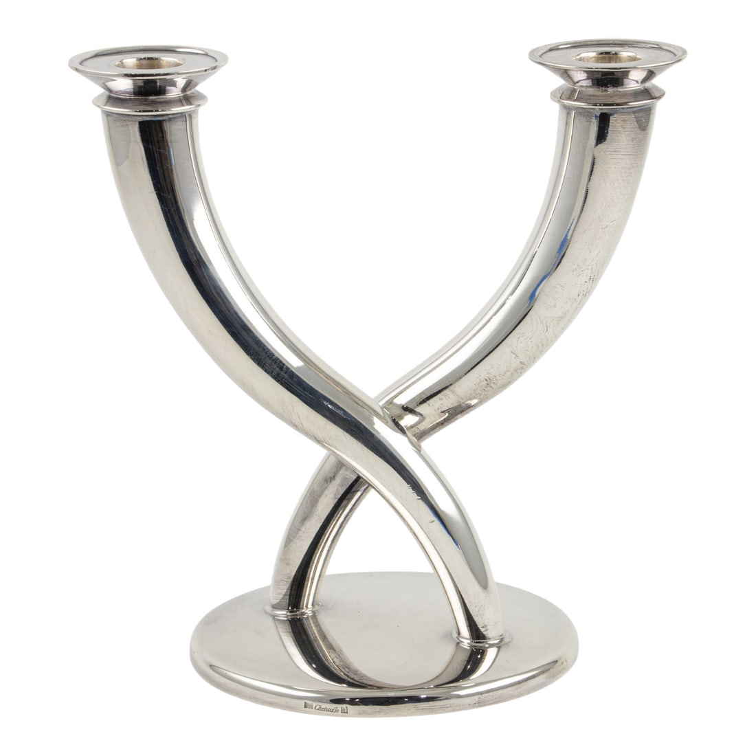 A Gio Ponti for Christofle silver plated two-light candelabrum: A Gio Ponti for Christofle silver plated two-light candelabrum, in the Cornes Abondance (Horns of Plenty) or Gallia pattern impressed Christofle factory mark, 8"h x 8"w