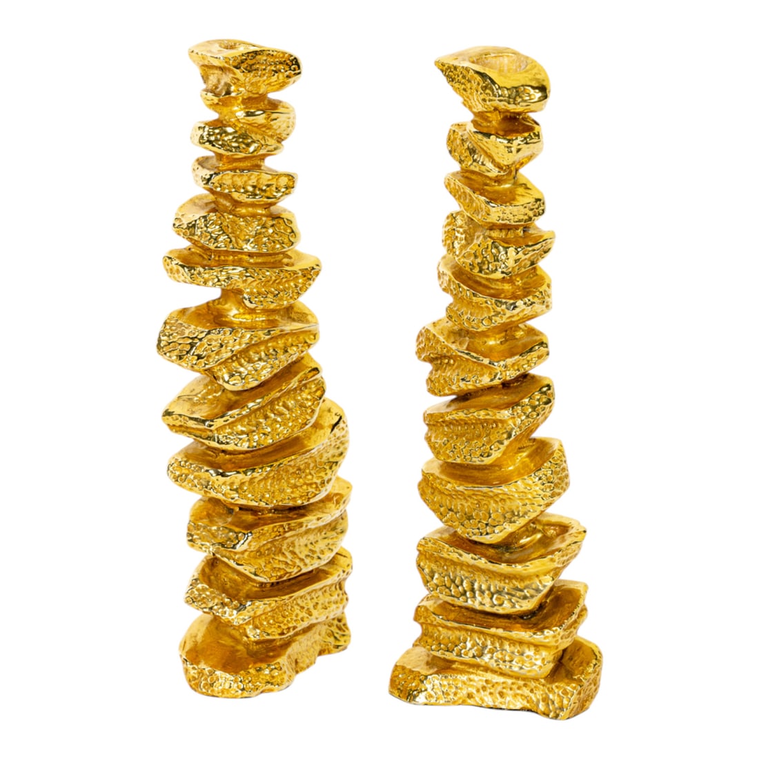 A pair of Modern gilt metal candlesticks: A pair of Modern gilt metal candlesticks, each in the form of stacked rocks, unmarked, 11.5"h