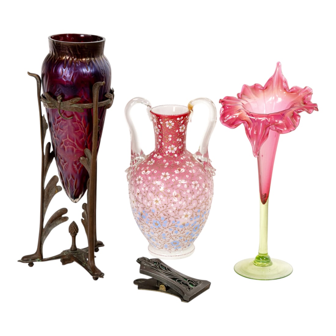 A group of Art glass: A group of Art glass, late 19th/early 20th century, comprising (1) Continental iridescent ruby glass vase in bronze dragonfly stand, likely Loetz, 14"h; (1) 'Jack in the Pulpit' vase, 12"h; (1)