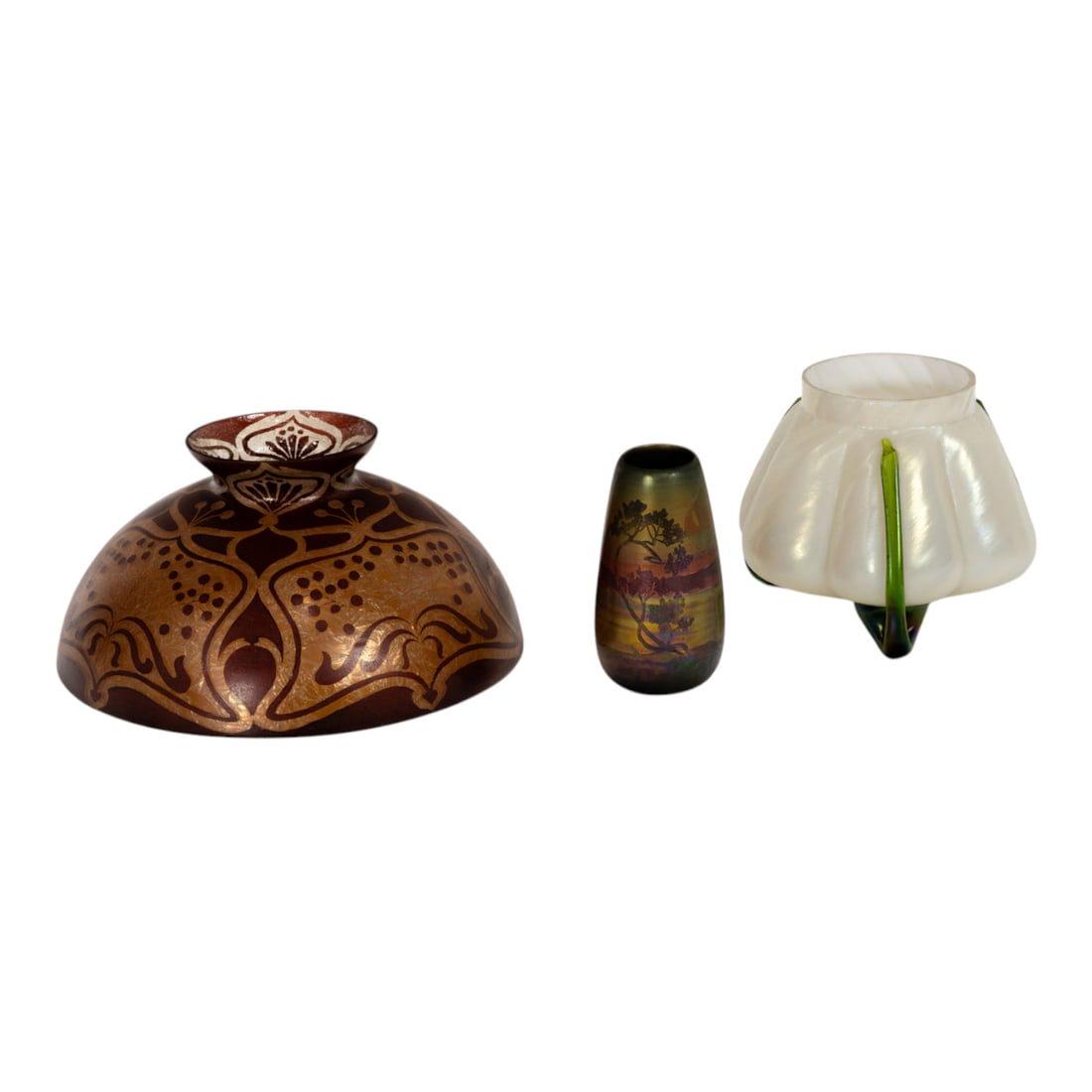 A group of Art pottery and glass, including Weller Lasa vase: A group of Art pottery and glass, first quarter 20th century, comprising (1) Weller pottery Lasa cabinet vase with flowering tree, 5"h; (1) French Art Nouveau glass shade with crackle glass interior,