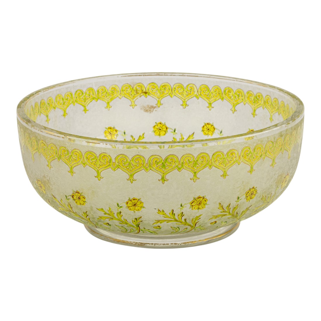 A French Art Nouveau acid etched and enamel decorated bowl: A French Art Nouveau acid etched and enamel decorated bowl, decorated with floral scrolls and lappet bands on a 'ice flower' ground, unmarked, 4.25"h x 9.75"dia