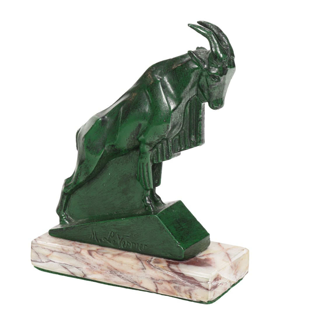 An Art Deco Max LeVerrier bronze figure of a mountain goat: An Art Deco patinated bronze mountain goat, after a model by Max LeVerrier, raised on marble base, signed to base of figure, incised 'M. Le Verrier'. possibly an auto mascot, 7"h