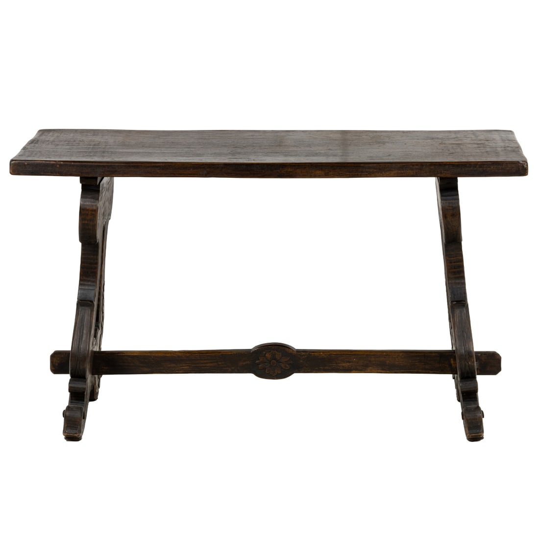 A Spanish Revival oak refectory table: A Spanish Revival oak refectory table, the rectangular top raised on foliate carved lyre supports, joined by carved stretcher, 29"h x 50"w x 22"d