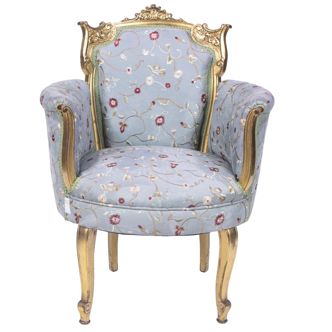 A Belle Epoque giltwood armchair: A Belle Epoque giltwood armchair, upholstered in floral embroidered pale blue fabric, 34.5"h x 27"w x 20.5"d (seat)