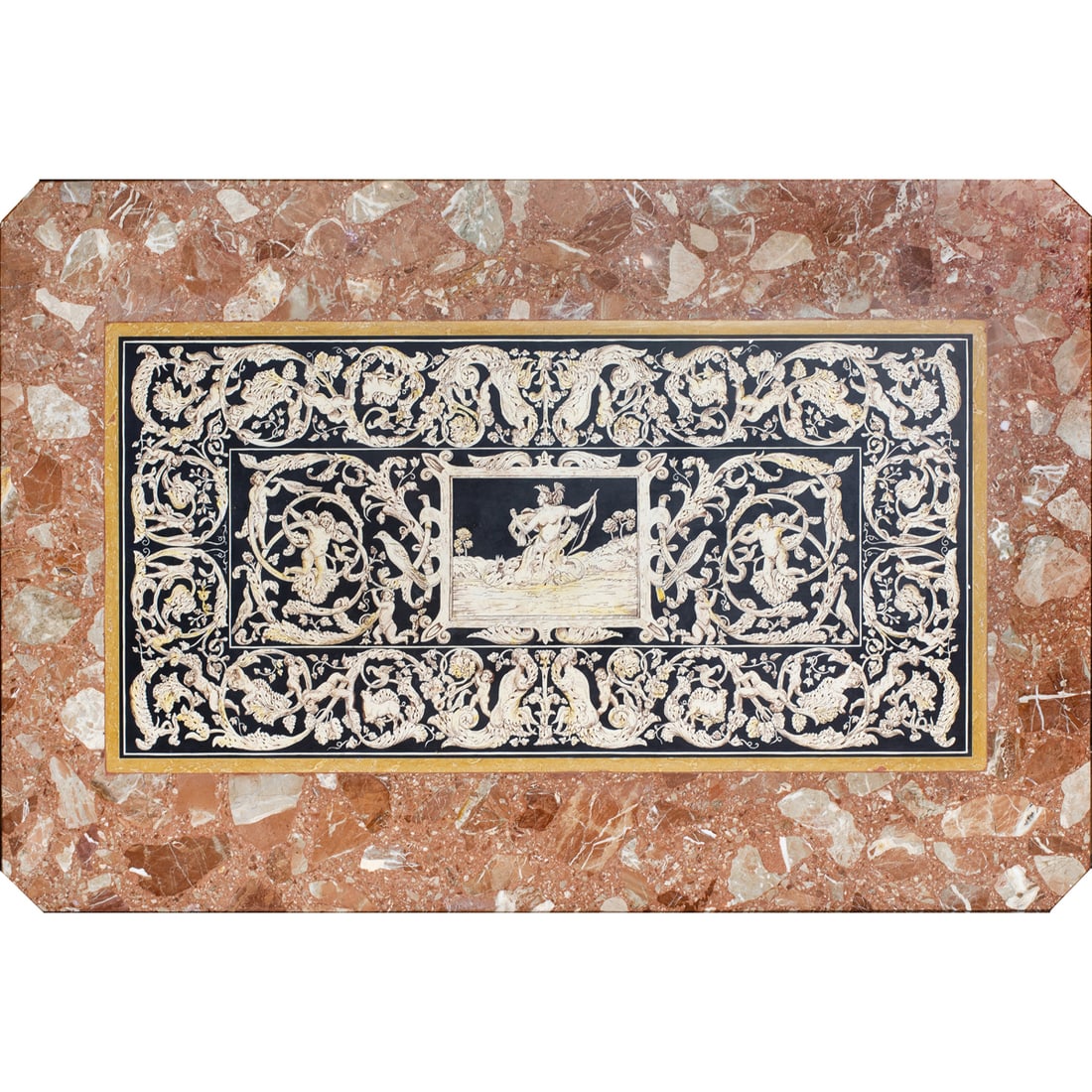 A Florentine scagliola table top by Emilio Martelli (1913?2000): A Florentine scagliola table top by Emilio Martelli (1913?2000), third quarter 20th century, the rectangular panel centering mythological sea goddess within Renaissance style scrolled panels