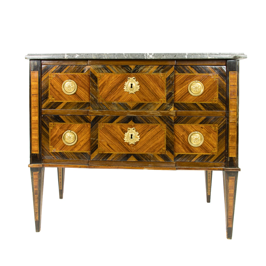 A French marquetry decorated commode last quarter 19th century: A French marquetry decorated commode last quarter 19th century, having a marble top above the two drawer marquetry decorated case with gilt hardware, and rising on square tapered legs, (with keys)