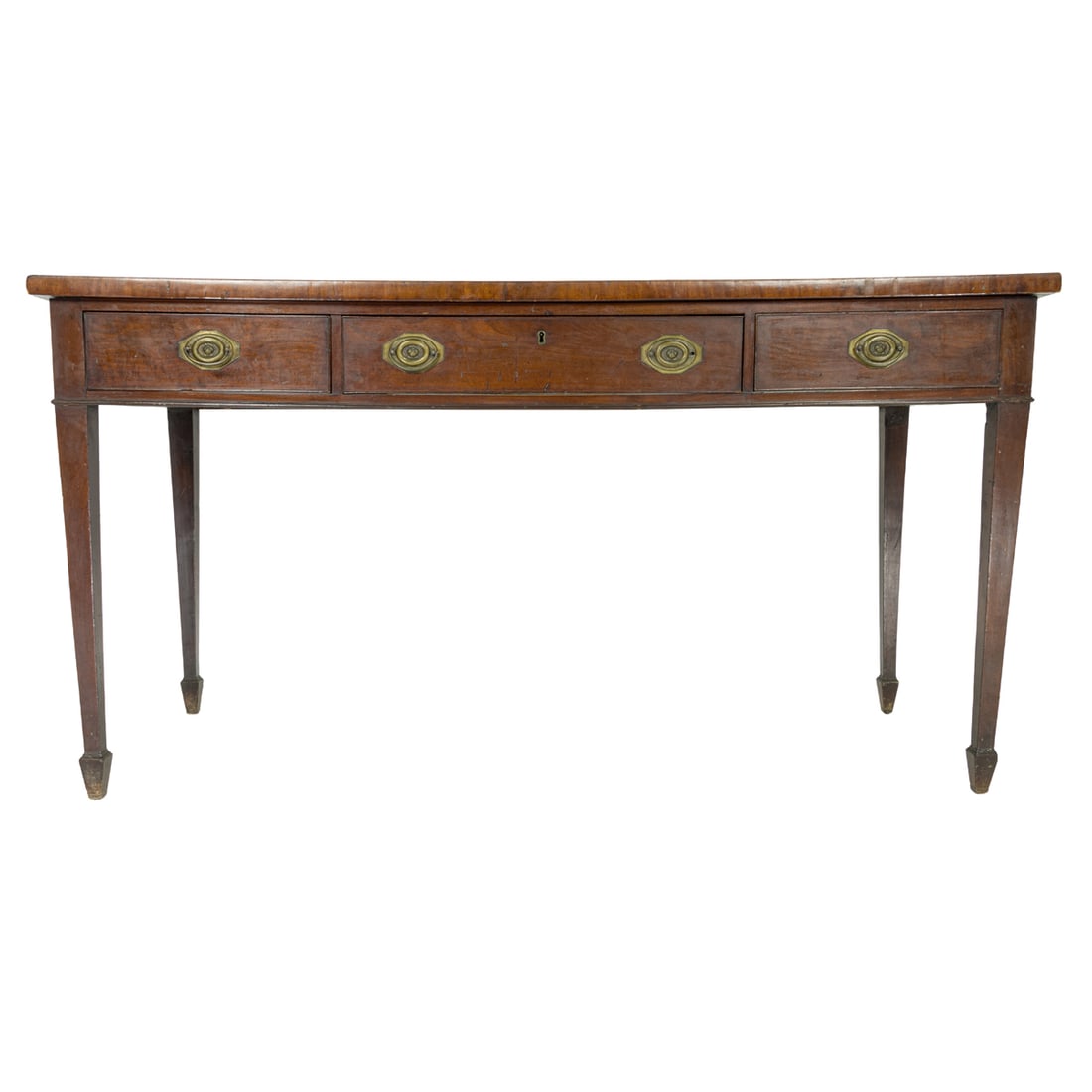 A Sheraton band inlaid sideboard circa 1810: A Sheraton band inlaid sideboard circa 1810, the mahogany case with three drawers retaining oval pulls, and rising on square, tapered legs terminating on Marlborough feet, 37"h x 70.5L x 29"d