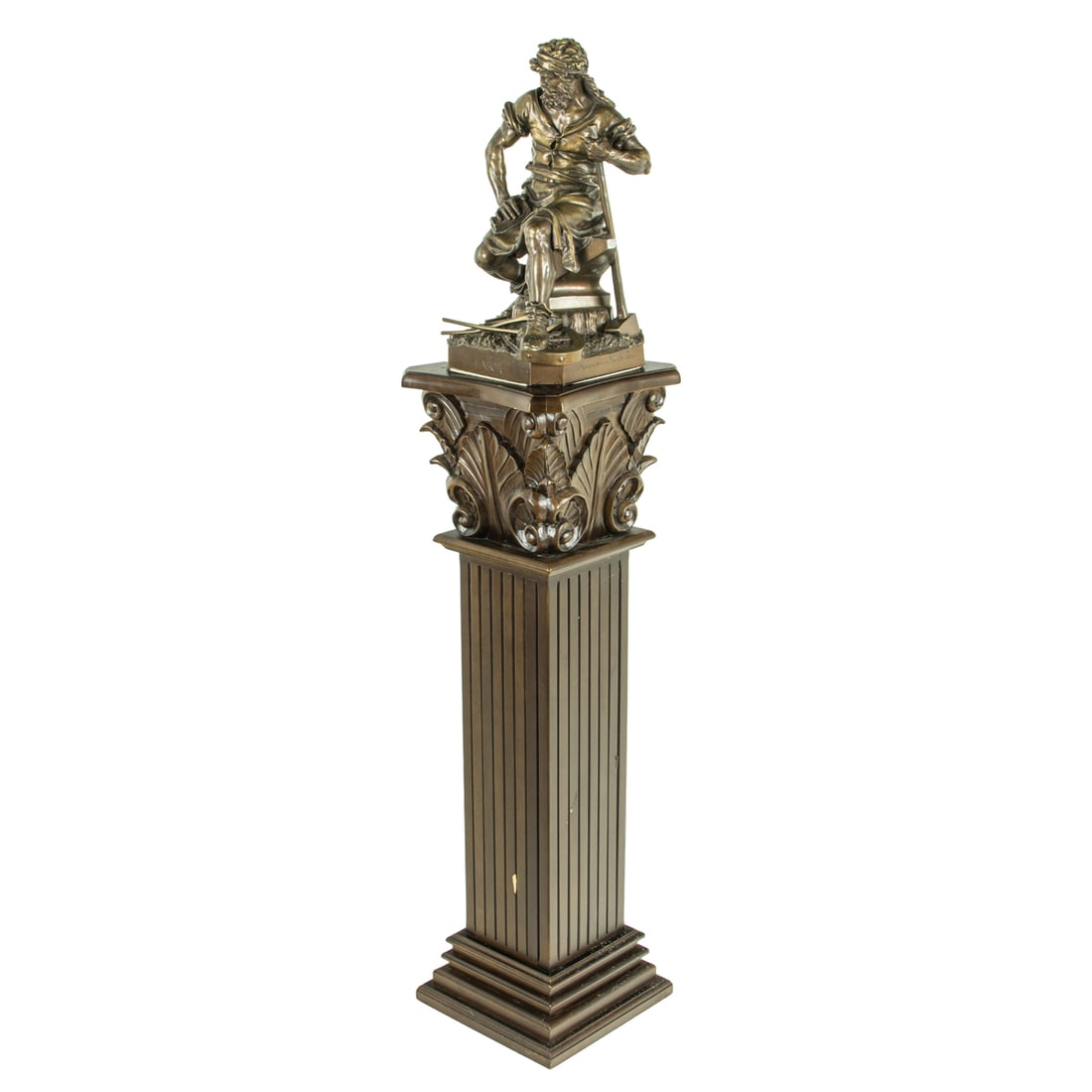 A Continental patinated bronze allegorical figure of Labor after model by Charles-Auguste Lebourg: A Continental patinated bronze allegorical figure of Labor after model by Charles-Auguste Lebourg, F.P. Sanson, Hamburg foundry, late 19th century, the muscular man seated on anvil and an open book