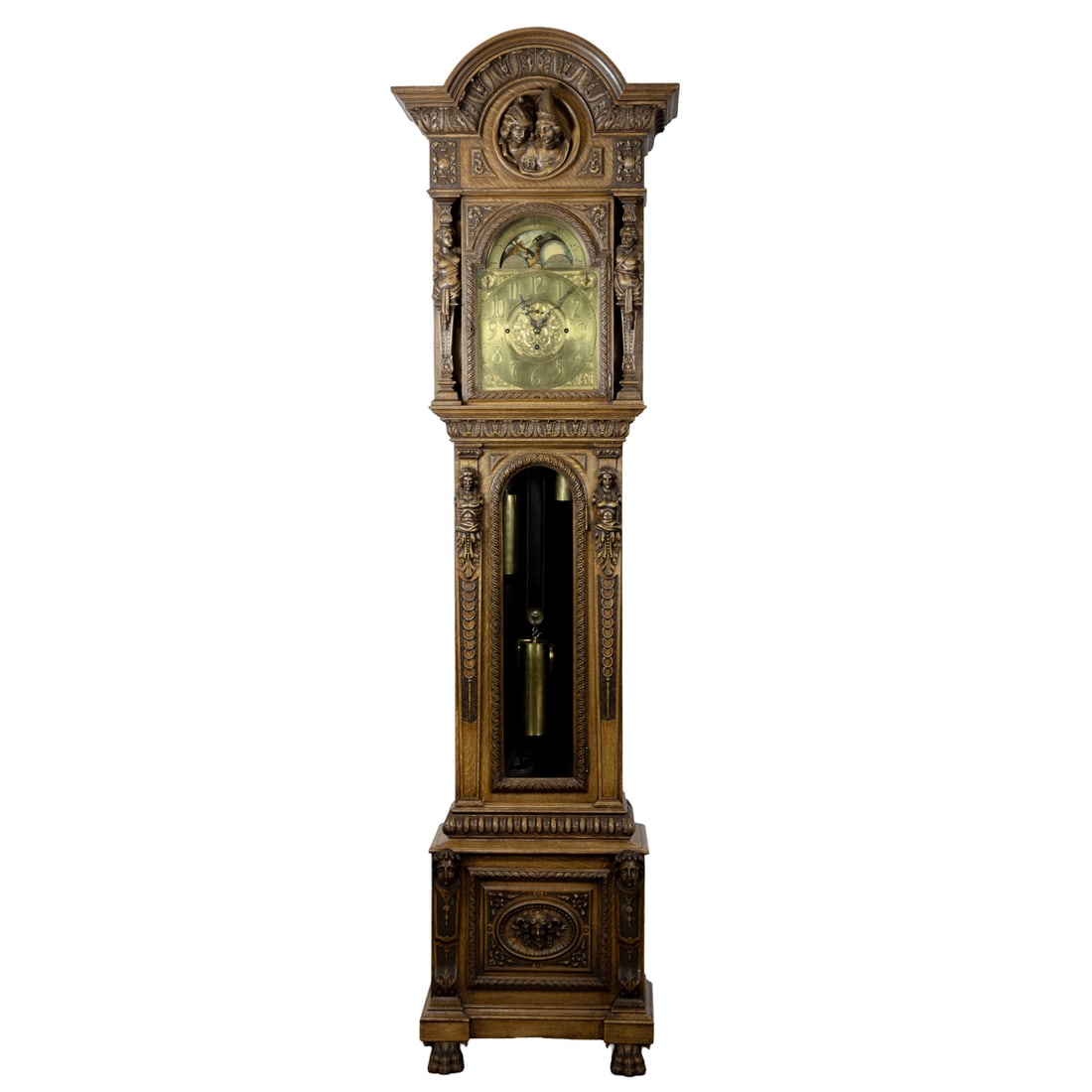 A monumental J.C Jennens English oak moon phase tall case clock in the Renaissance taste (1 of 11)