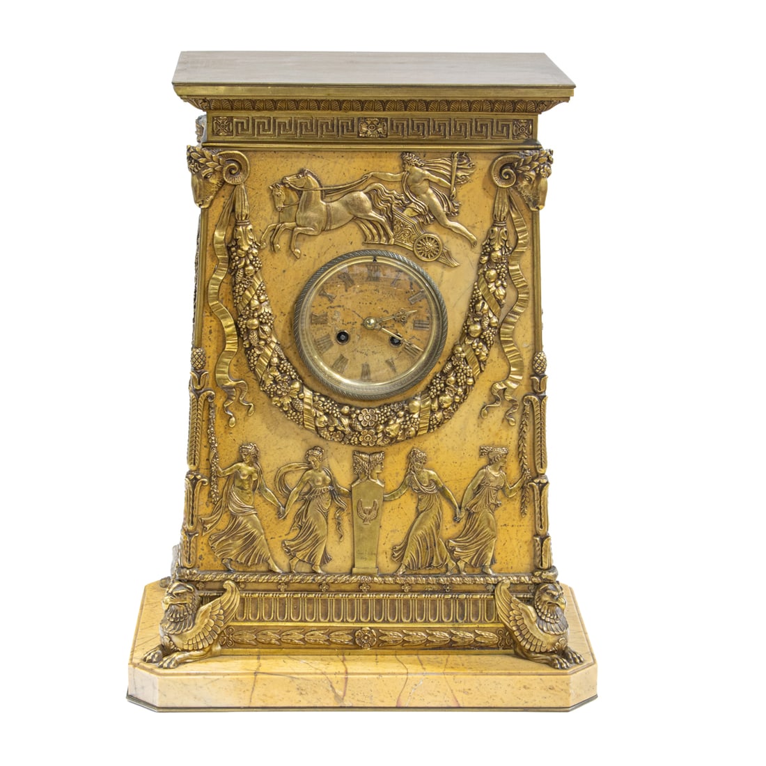 A French Empire gilt bronze marble clock 19th century: A French Empire gilt bronze marble clock 19th century, possibly Percier and Fontaine, of rectangular form with Classical scenes, the front with a large garland swag surmounted by the enamel dial, flan