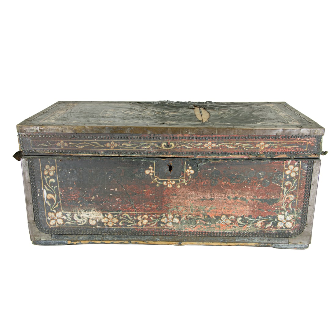 A paint decorated leather covered chest (1 of 6)