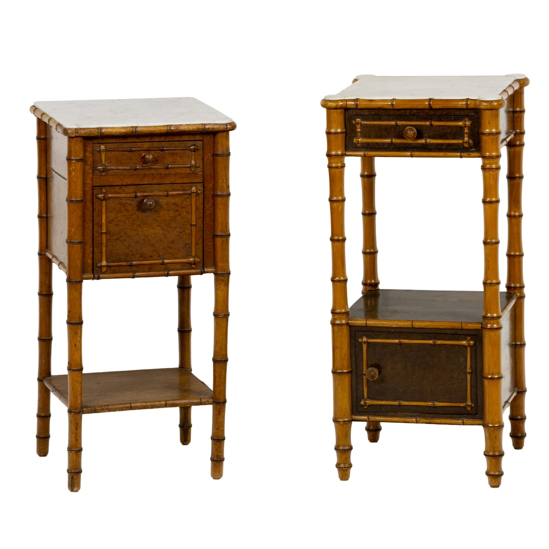 A group of two American Victorian faux bamboo marble top bedside tables: A group of two American Victorian faux bamboo marble top bedside tables, each with an inset Carerra marble top above the birdseye maple case with faux bamboo legs and applied molding, largest 34"h x 1