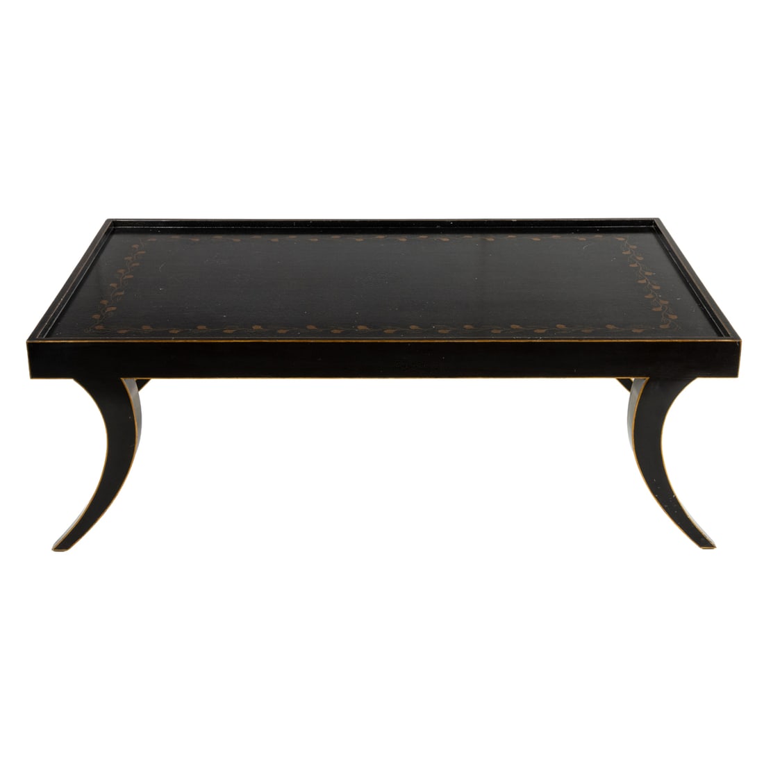 A Hollywood Regency style japanned low table: A Hollywood Regency style japanned low table, 20th century, the top with a floral and leaf border and rising on sabre legs, 20"h x 60"w x 36"d