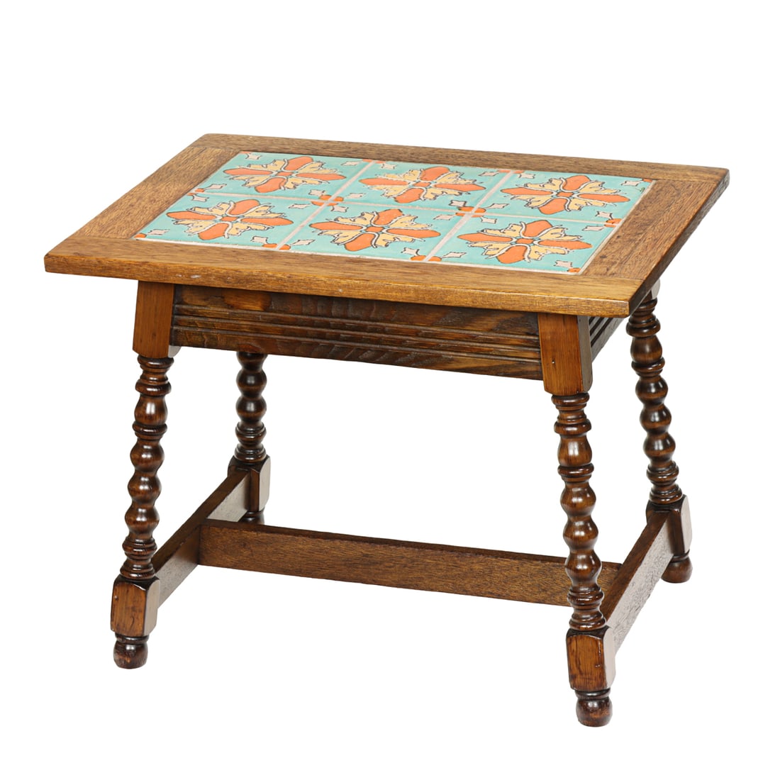 A Spanish Revival oak Taylor tile top table: A Spanish Revival oak Taylor tile top table, fitted with six tiles and rising on turned legs, 18.5"h x 18"w x 24"d
