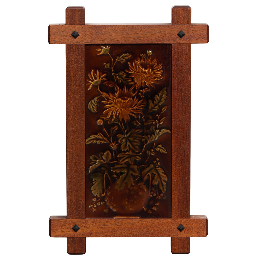 An Arts and Crafts American Art Pottery floral plaque: An Arts and Crafts American Art Pottery floral plaque, set within a custom Greene and Greene style frame, overall 16.5"h x 10.5"w plaque 12"h x 6"w