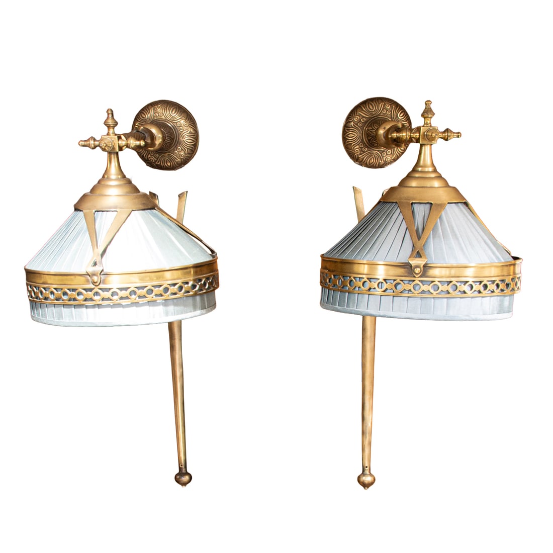 A large pair of Jacques Garcia bronze and blue pleated silk 'Mathilde' wall lights/sconces: A large pair of Jacques Garcia bronze and blue pleated silk 'Mathilde' wall lights/sconces, 27"h x 12"w x 19"d