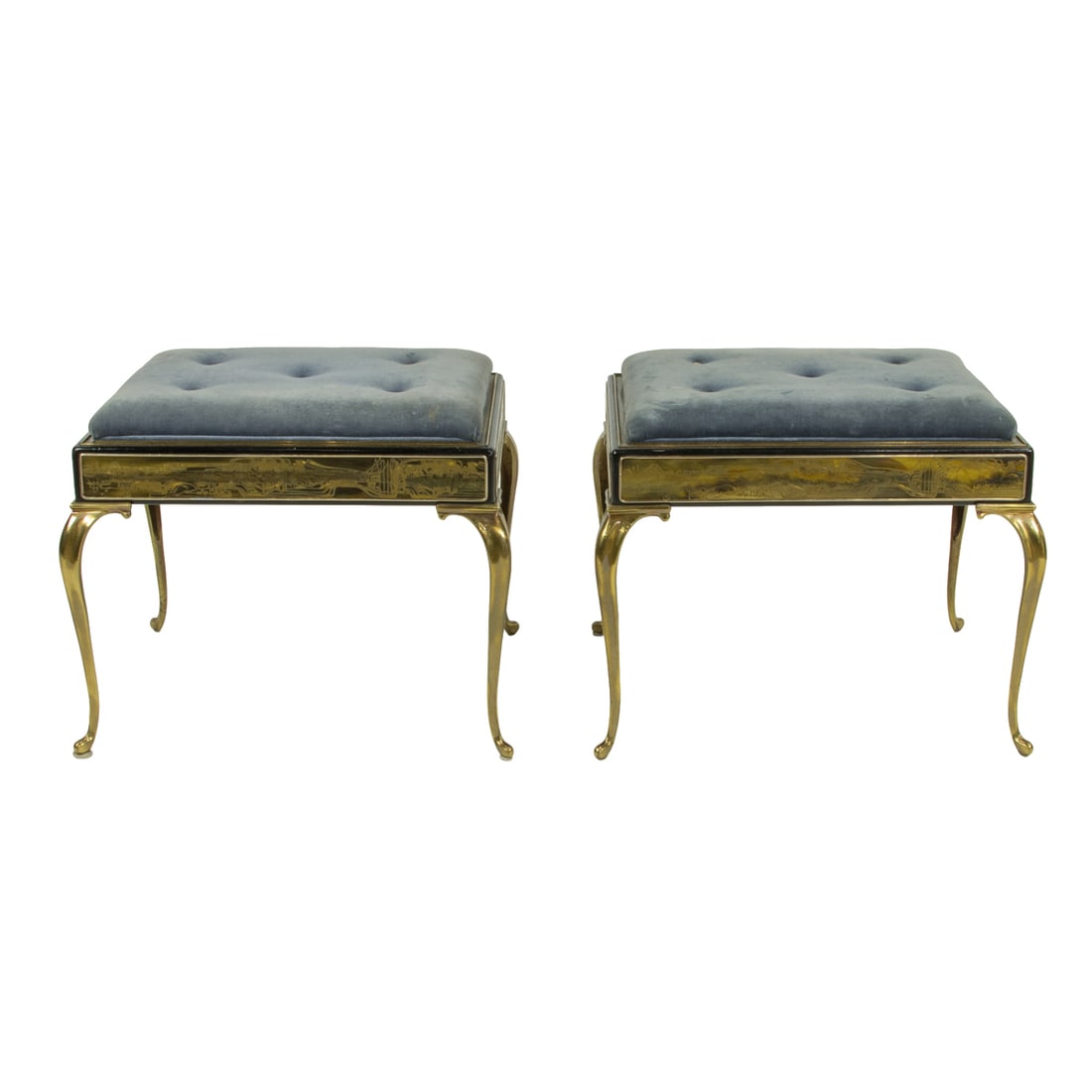 A pair of Mastercraft stools: A pair of Mastercraft stools, design by William Doezema, decorative panels by Bernard Rohne, with acid etched brass panels surrounding the brass button tufted velvet seats, and rising on outswept