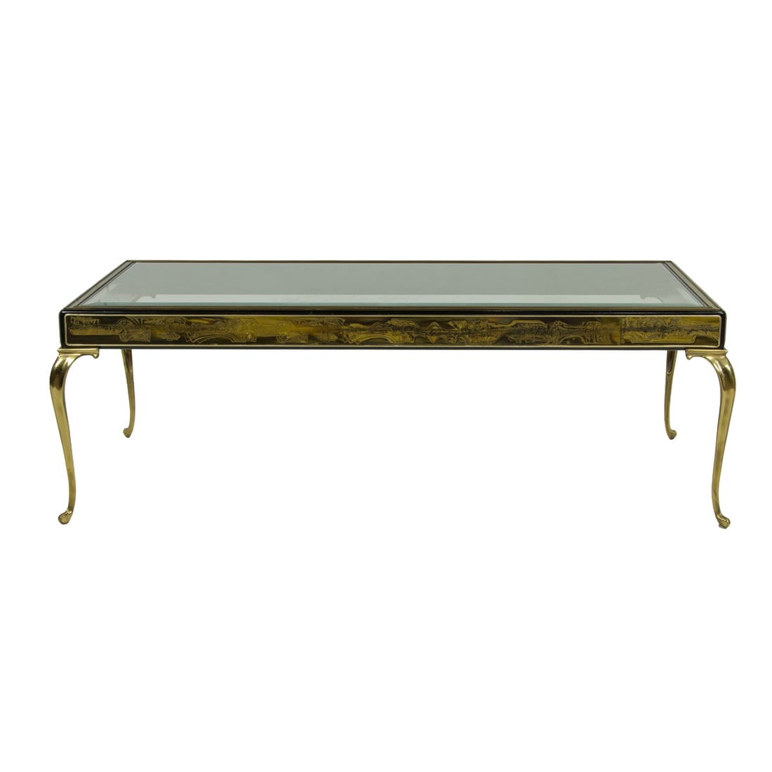 A Mastercraft low table: A Mastercraft low table, design by William Doezema, decorative panels by Bernard Rohne, with acid etched brass panels and rising on outswept legs, 17"h x 50.5"l x 25"d