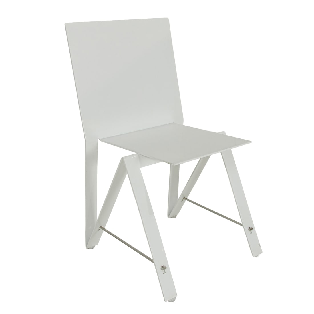 A Modern white enameled metal chair: A Modern white enameled metal chair, overall: 34"h x 18.5"l x 19.5"d; seat 16"l x 14"w