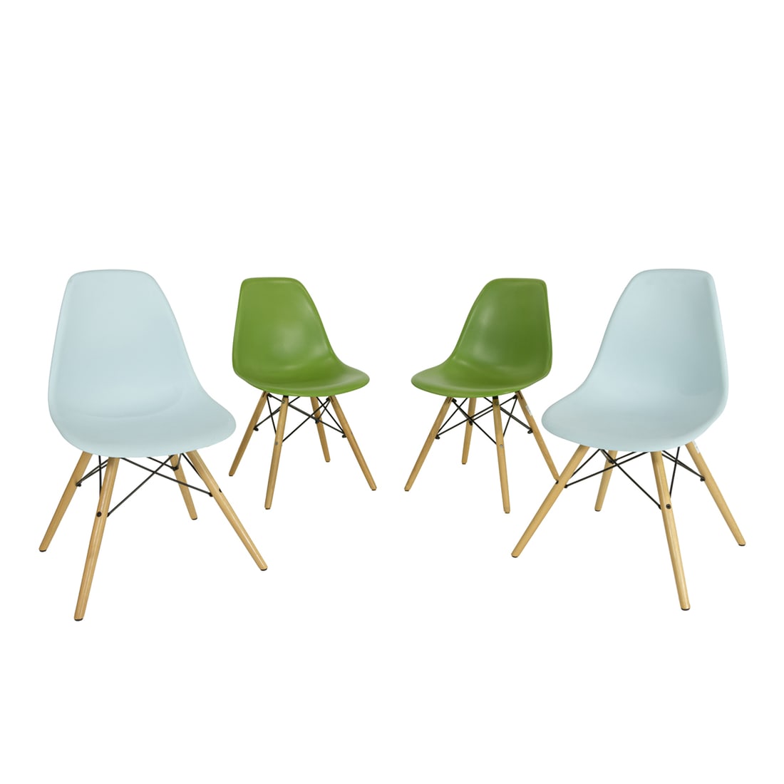 A set of four Eames style shell side chairs: A set of four Eames style shell side chairs, two in green, and two in pale blue, 33"h x 21"w x 20"d (overall); 18"w x 14.5"d (seat)