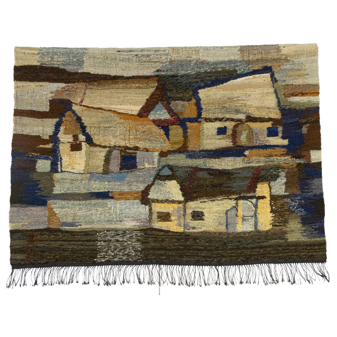 A Polish Gobelin 'Bacowki' tapestry by Malgorzata Dudzinska-Kraskiewicz: A Polish Gobelin 'Bacowki' tapestry by Malgorzata Dudzinska-Kraskiewicz, dated 1975, 33" x 46.5"
