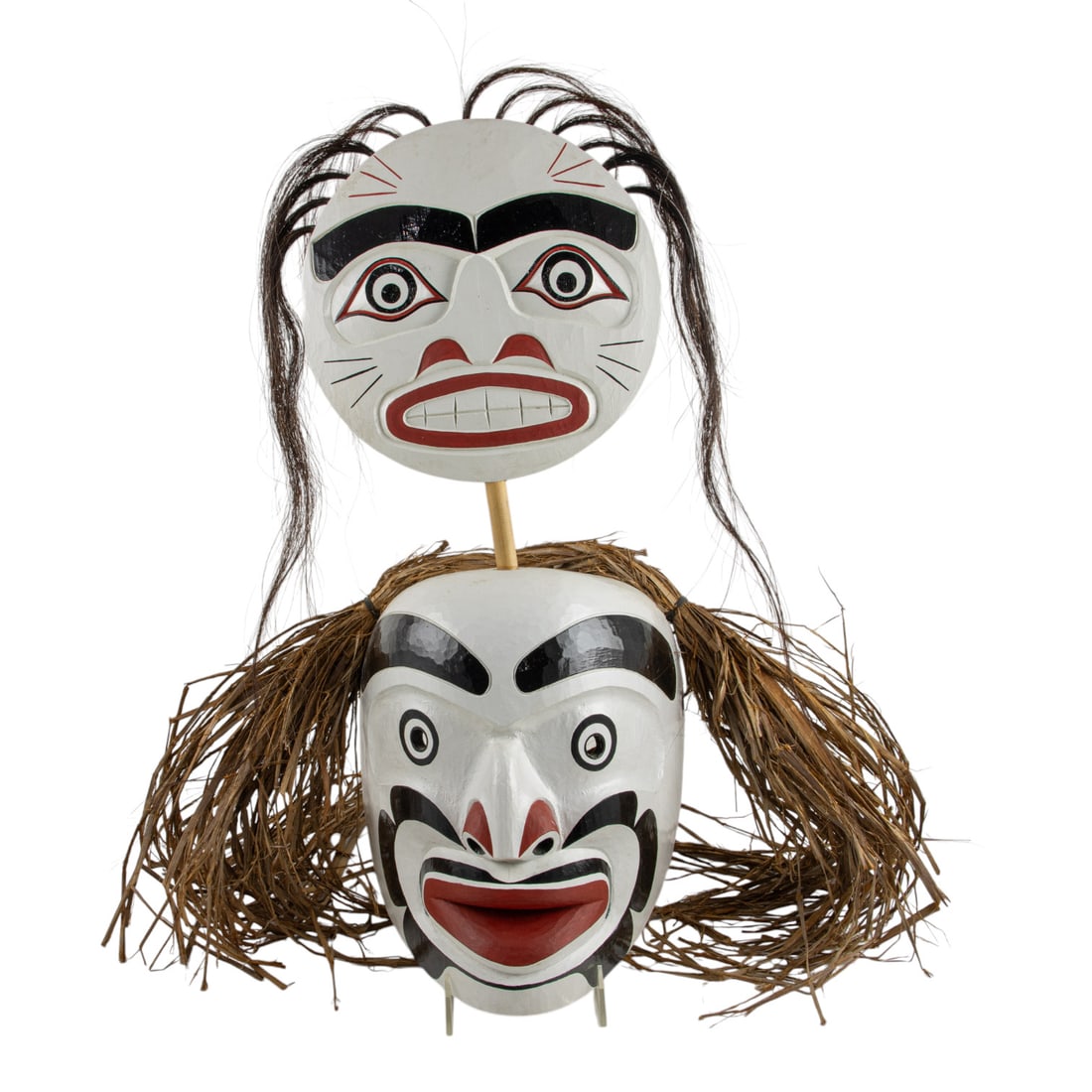 Tom Patterson, Dluwalakha Dance Society Moon Mask (Full): A Pacific Northwest Dluwalakha Dance Society Moon Mask (Full), 1993, Tom Patterson, Nuu-cha-nuulth, Victoria, British Columbia, Canada, the polychrome wood mask with cedar bark hair, surmounted by a