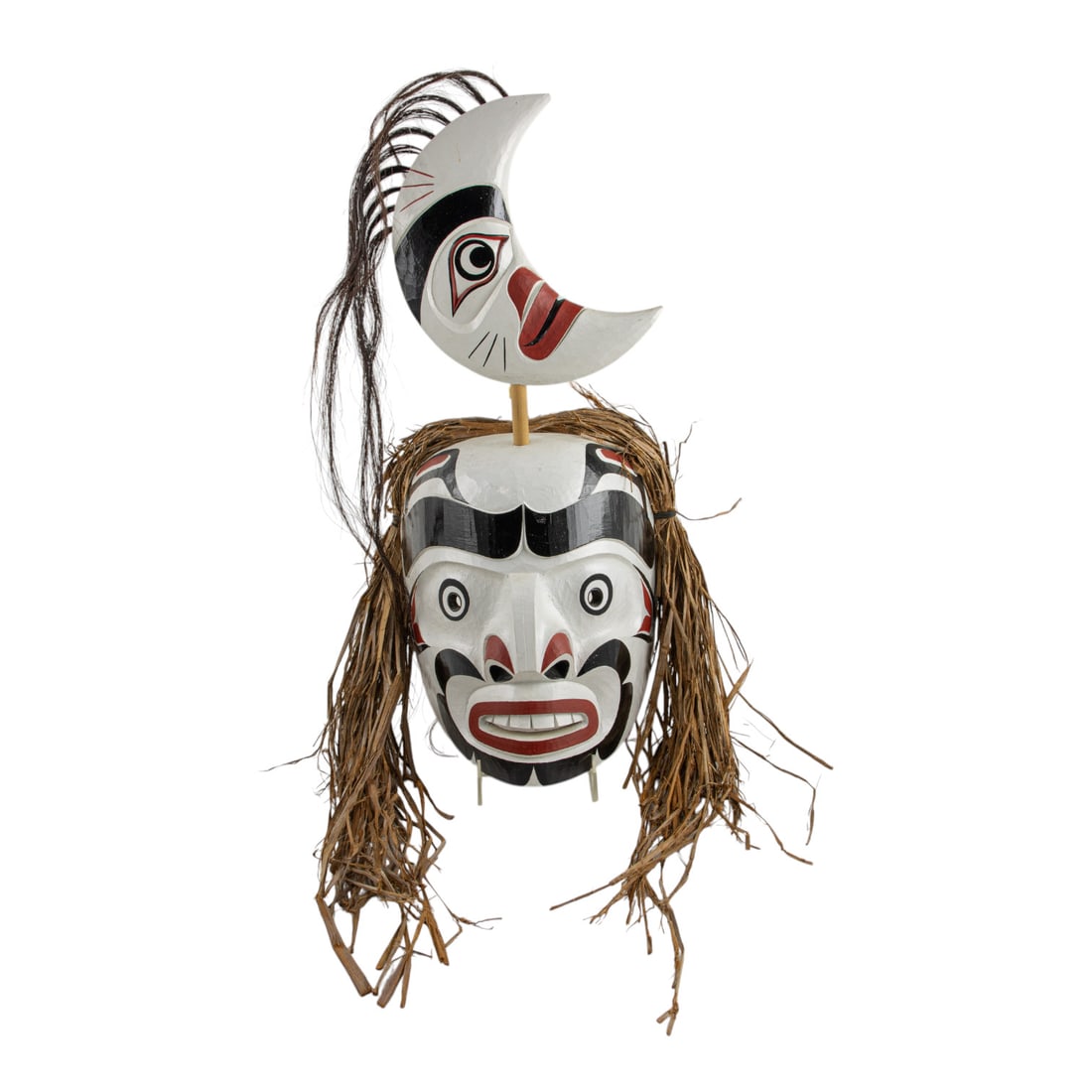 A Pacific Northwest Dluwalakha Dance Society Moon Mask (Crescent): A Pacific Northwest Dluwalakha Dance Society Moon Mask (Crescent), 1993, Tom Patterson, Nuu-cha-nuulth, Victoria, British Columbia, Canada, The polychrome wood mask with cedar bark hair, surmounted